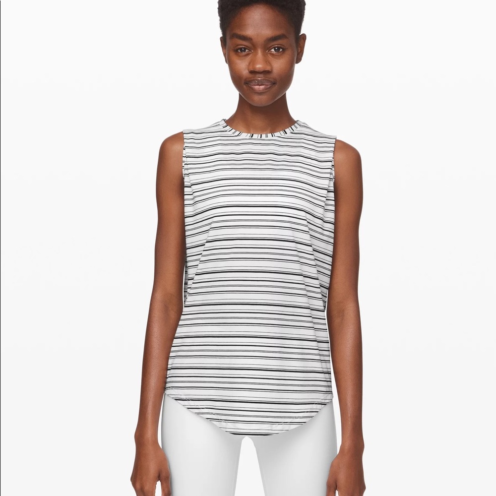 Lululemon White and Black Striped Muscle Tee